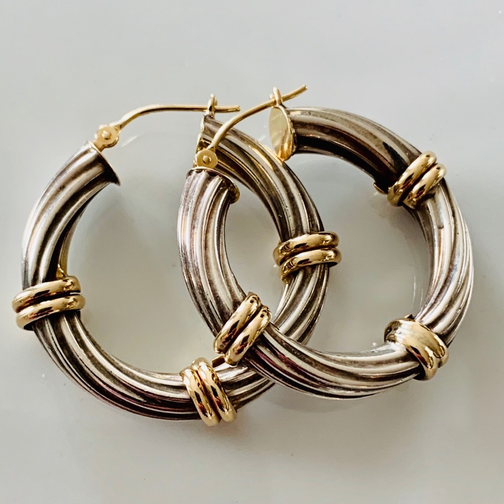 ❤️ Two Tone Twisted Cable Hoop Earrings Sterling Silver 925 and 14K Yellow Gold